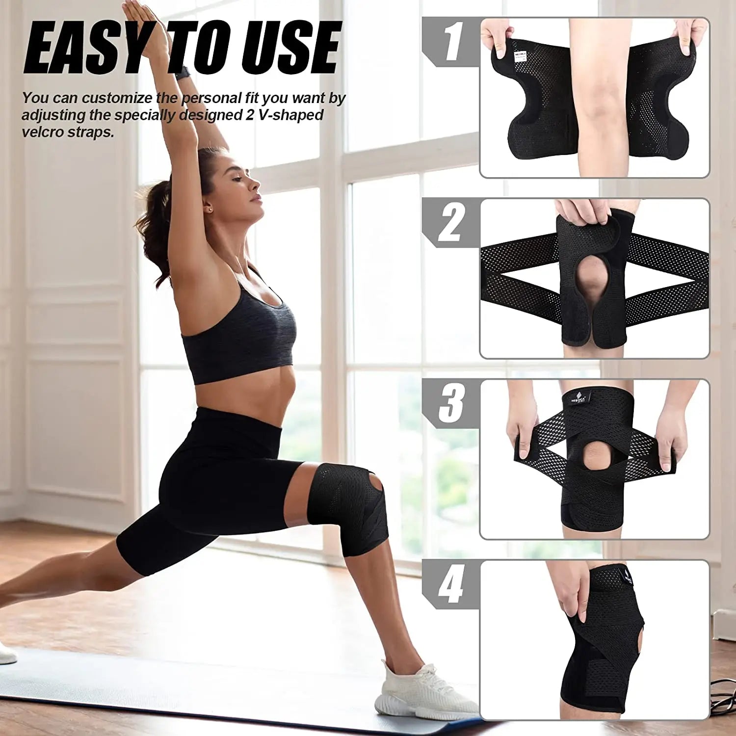 Knee Brace for Knee Pain Compression Knee Support with Air Mesh Fabric Side Stabilizers Meniscus Tear ACL Arthritis Relie